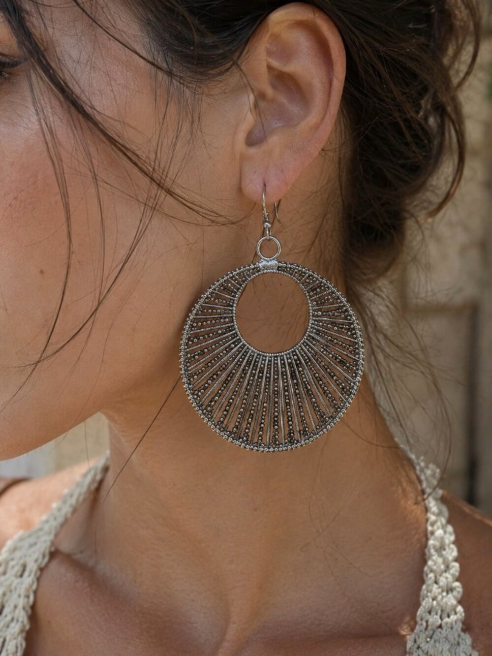 Boho Wire Wrapped Glass Bead Statement Hoop Earrings Earthy Bronze Silver 3"